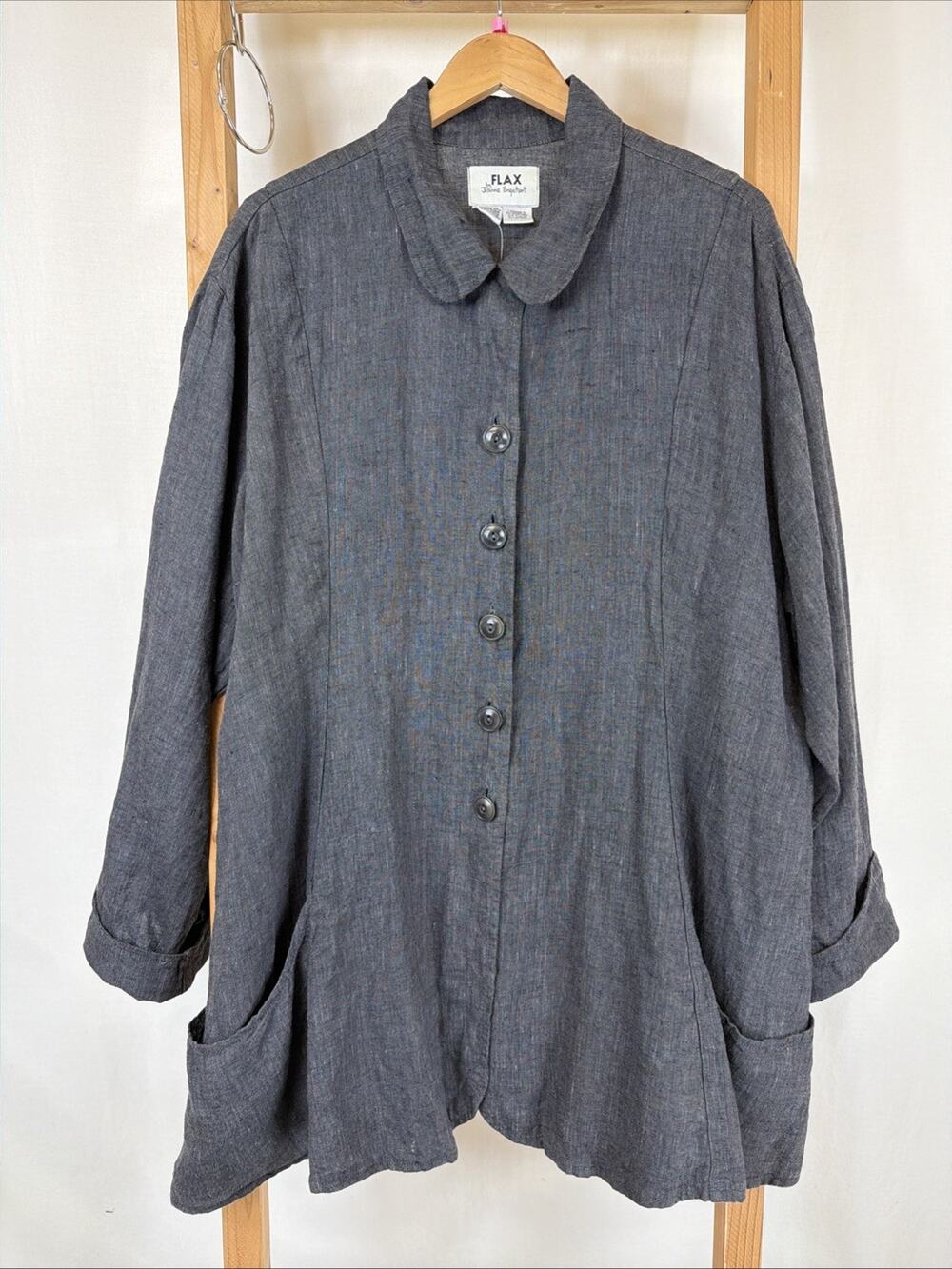 Flax by Jeanne Engelhart Gray Pockets Button Up Long Jacket #1278 Size 1X